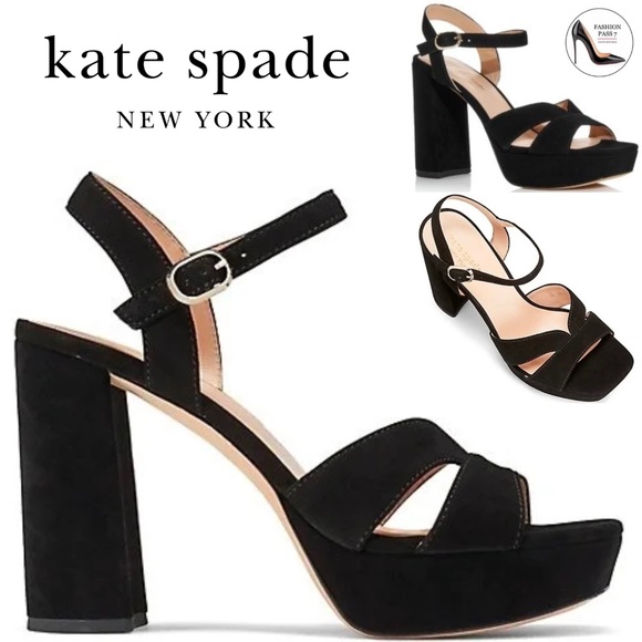 Kate Spade Delight Platform Heel Sandal Black Suede Block Heel Ankle Strap Pumps - Picture 1 of 16